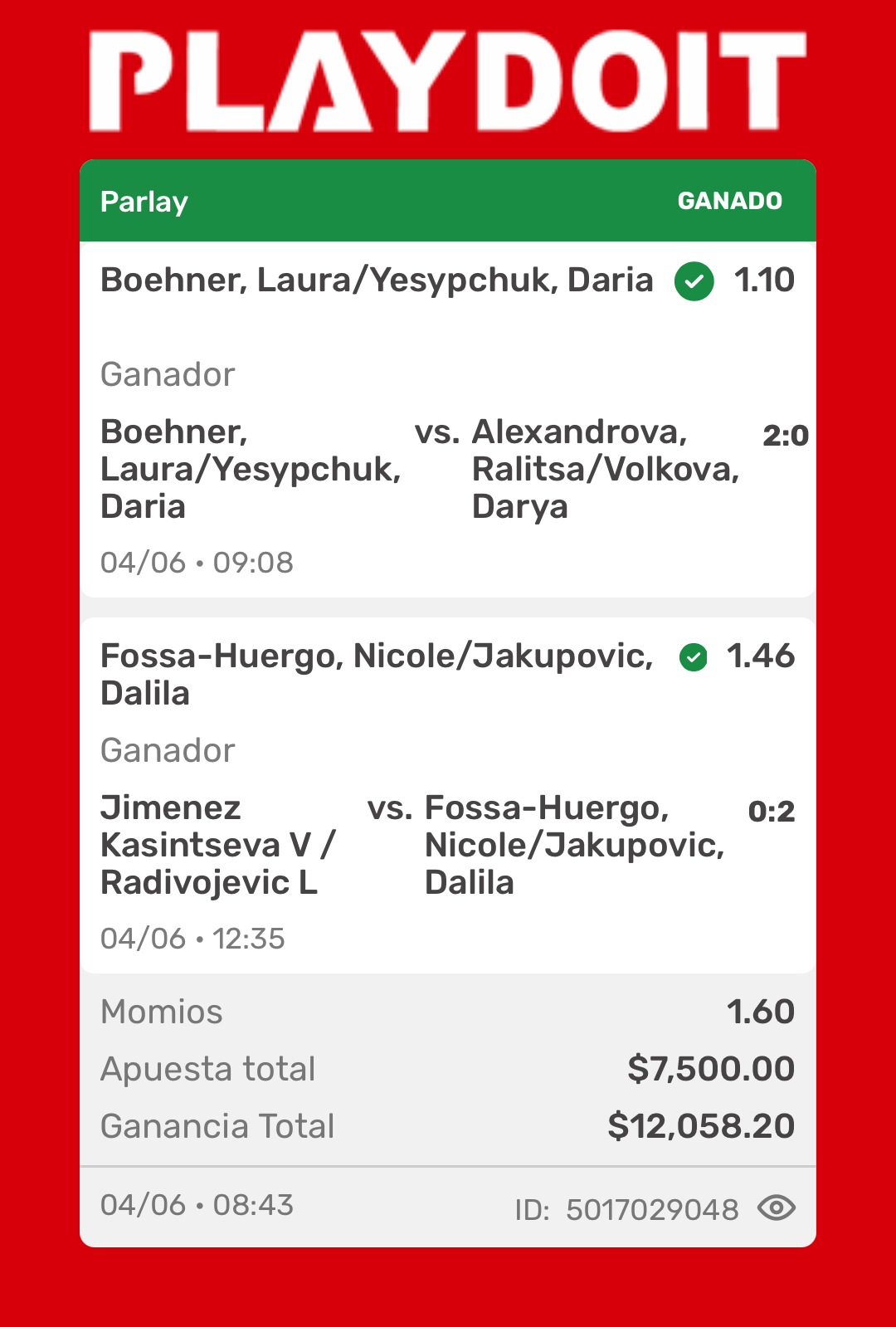 Ticket ganado — Tenis, Parlay, 4 Jun
