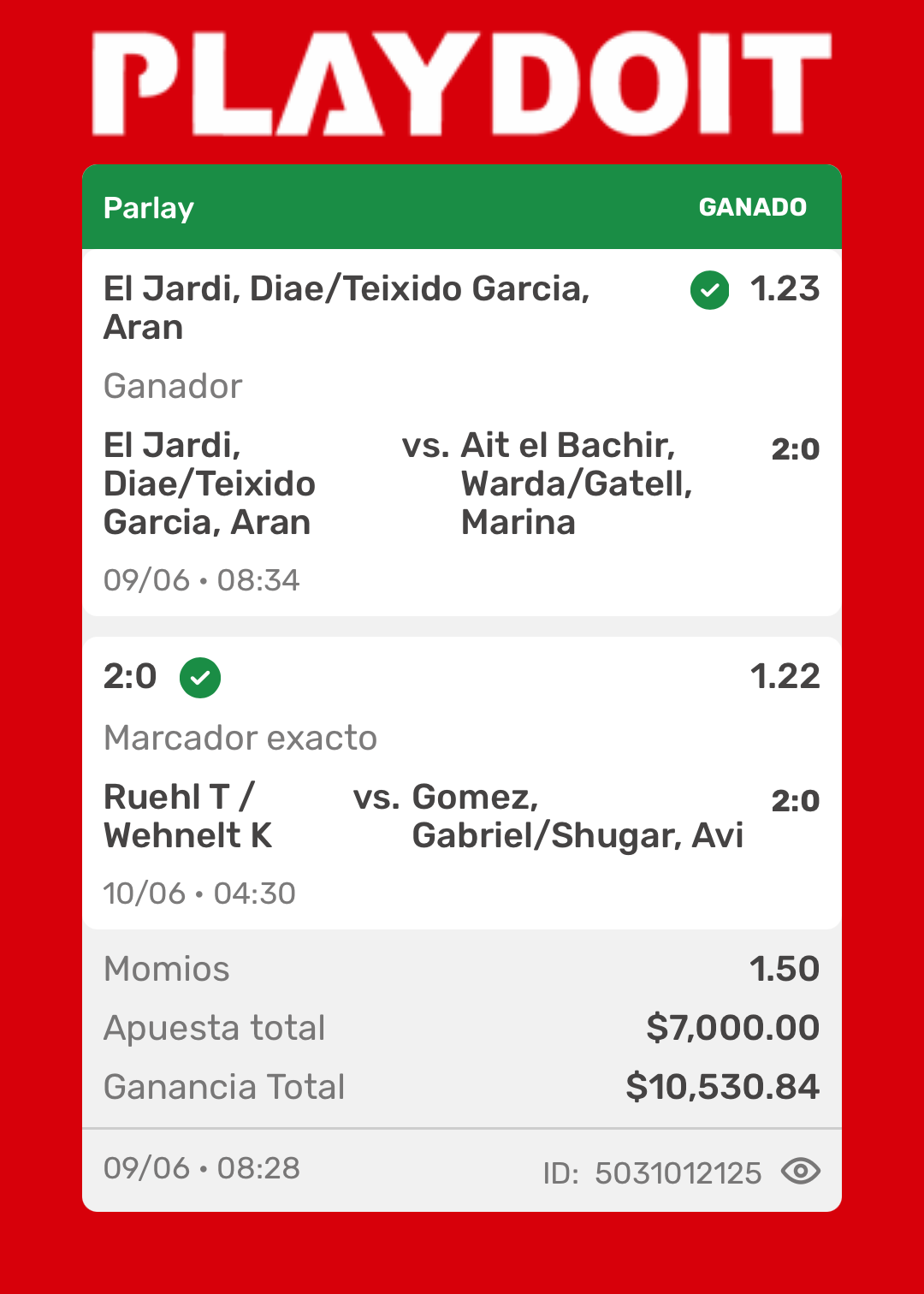 Ticket ganado — Tenis, Parlay, 9 Jun